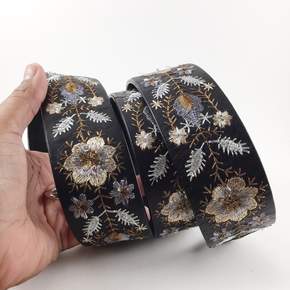 Embroidered Black Leather Bag Strap / Guitar Strap